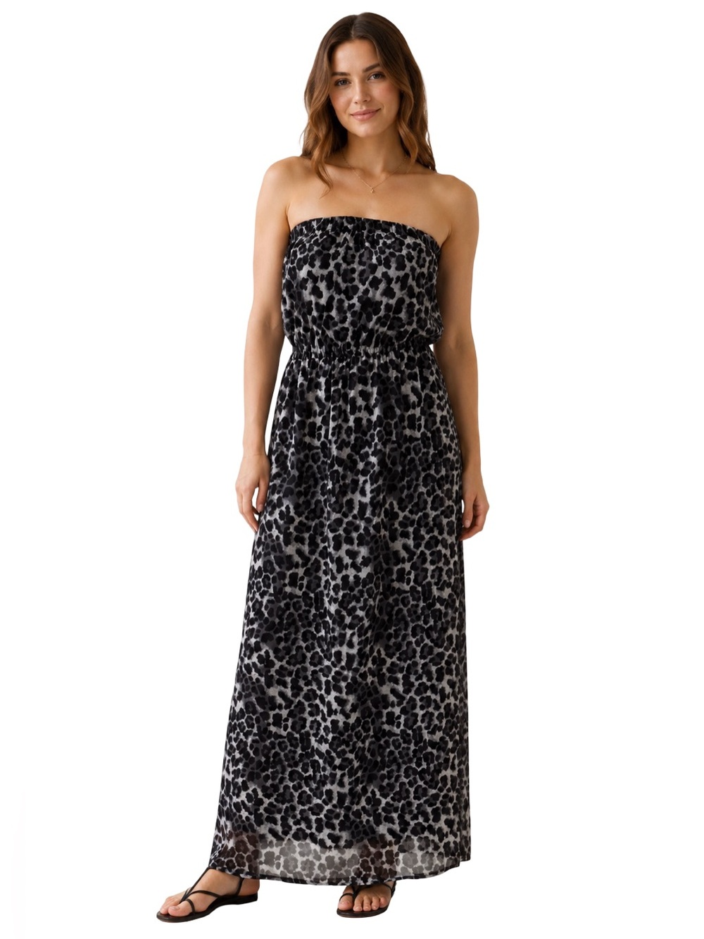 Forever 21 Leopard Print Strapless Chiffon Maxi Dress Size Small EUC